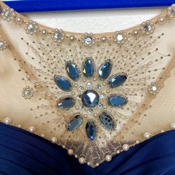 Caché Navy Tiered Bodycon with Jewels Pearls Mesh Evening Gown Mini Dress Size 6 - Picture 4 of 11